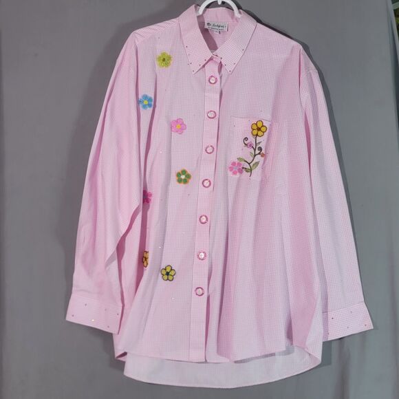 Pink Gingham Check Flannel Top Womens Plus Size 1X Rhinestone Floral Embellished - Picture 3 of 16